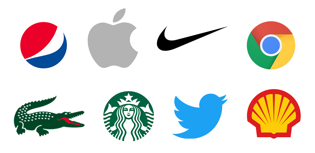 Exemplos de isotipo, logo da pepsi, apple, nike, google chrome, lacoste, starbucks, twitter, shell