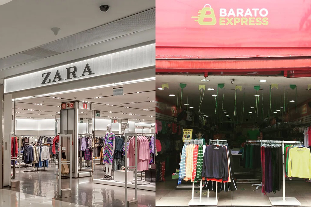 comparação entre a loja da zara e uma loja de roupas com logo clichê, sem identidade visual