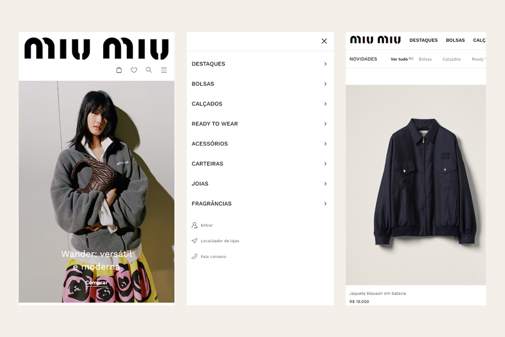 Site da miu miu como exemplo de site com a experiência fluida e intuitiva para o usuário.